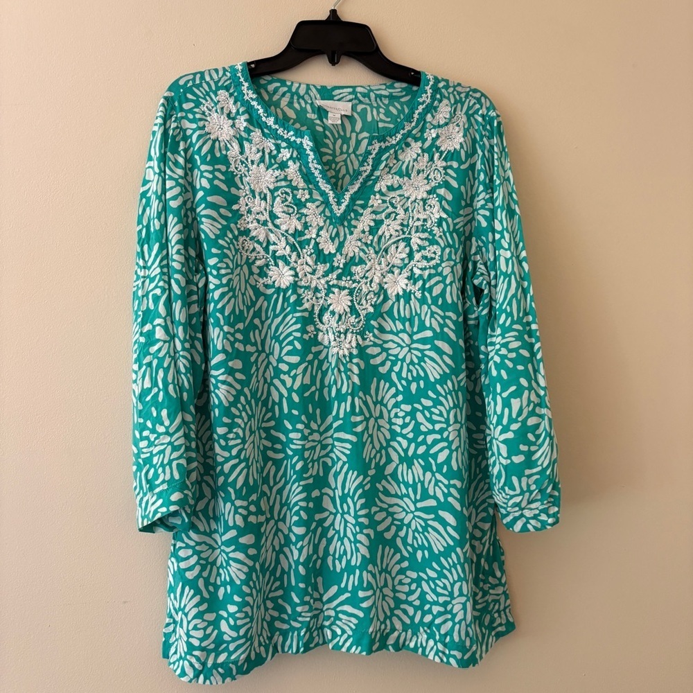 Charter Club Embroidered Tunic Top Medium Blue White Boho 3/4 Sleeve